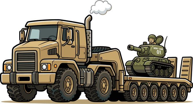 Pixel art heavy truck transporting a military tank on a flatbed trailer, conveying a sense of logistics and defense industry