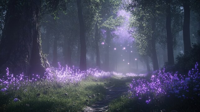 Enchanting forest path with purple flowers and soft light creating a magical atmosphere in nature.