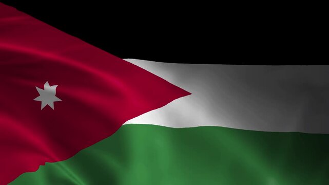 Realistic 4K waving flag of Jordan animation video loop featuring seamless fabric texture ripples black white green horizontal stripes with red triangle and seven-pointed star.