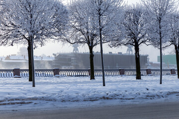 Fototapeta premium A tranquil winter scene along a snow-covered riverside. Bare trees line a frosty path. Saint-Petersburg, Russia