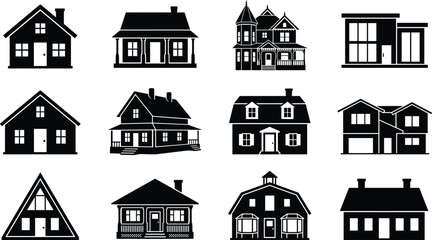 Fototapeta premium Real estate architectural vector icon set featuring diverse house styles residential properties and building facades