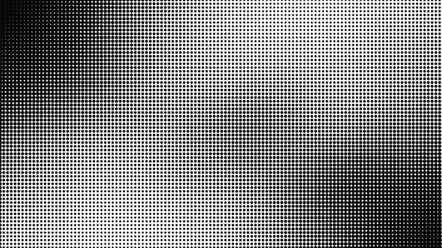 Abstract panoramic black and white halftone background with diagonal wavy gradient dot texture and shadow corners