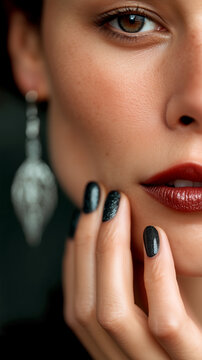 Halloween beauty macro, red lipstick closeup with black manicure, silver charm earring detail, gothic fashion makeup concept, dramatic luxury portrait texture, dark spooky party style.