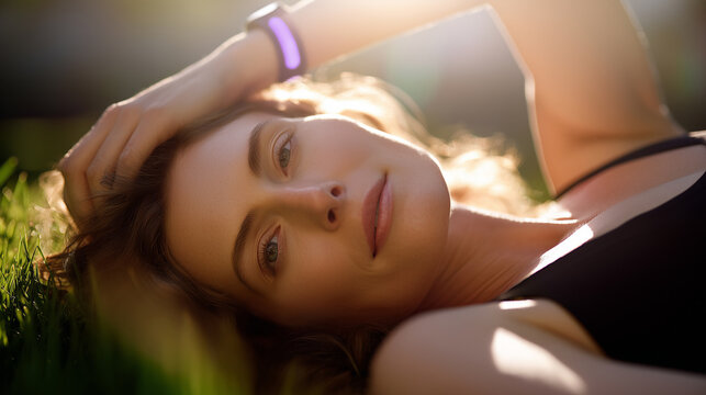 Woman relaxing on grass wearing fitness tracker bracelet, mindful wellness moment. Slowing down lifestyle, connecting with nature outdoors, health technology and peaceful rest concept.