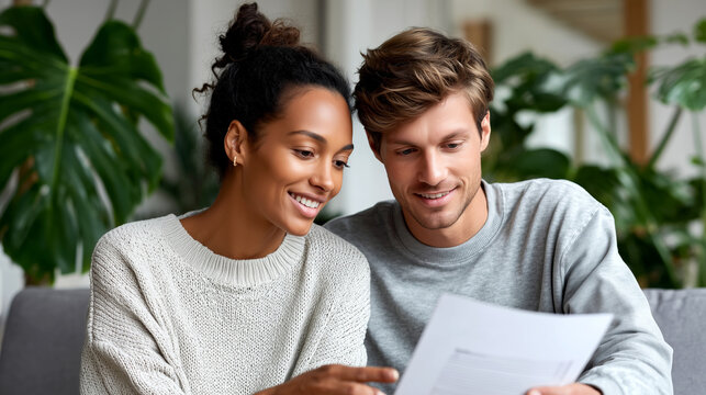 Couple reviewing contract document at home, rental lease or insurance policy paperwork, financial planning decision, trust, security, legal terms, signature preparation, calm indoor consultation mood.