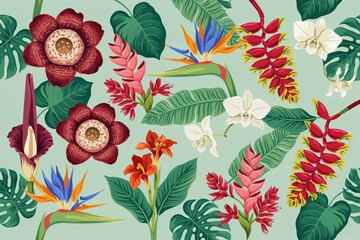 A seamless tropical floral pattern featuring vibrant red rafflesia flowers, bird of paradise, heliconia, and green monstera leaves on light green