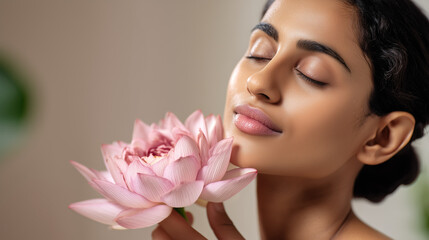 Fototapeta premium Woman holding pink lotus flower near face with closed eyes. Natural beauty and spa wellness concept. Ayurvedic skincare with botanical elements. Peaceful meditation moment during relaxation retreat.