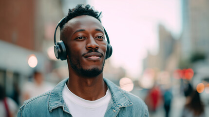 Fototapeta premium Man wearing headphones listening music city street, smiling happy expression. Urban lifestyle portrait, casual denim jacket, blurred bustling background. Simple joy contentment peaceful moment.