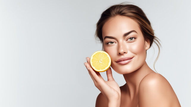 Woman holding lemon slice near face on gray background. Natural skincare concept with citrus vitamin C for healthy glowing skin. Fresh organic beauty treatment and moisturizing facial care routine.