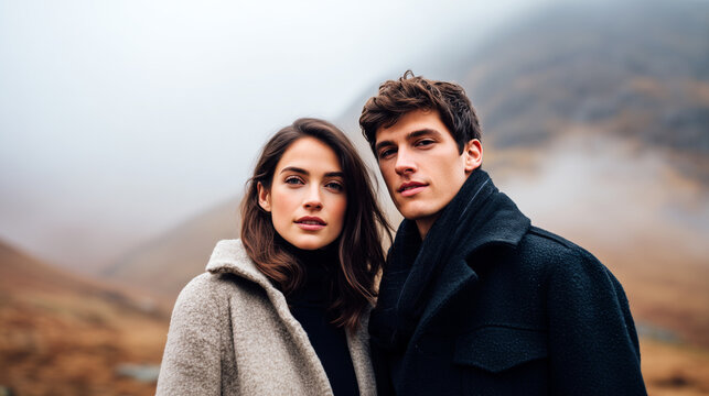 Couple portrait misty mountain landscape, winter coats, fog-shrouded peaks. Young man woman romantic outdoor scene, moody atmospheric highlands, elegant fashion, dramatic nature background, wanderlust