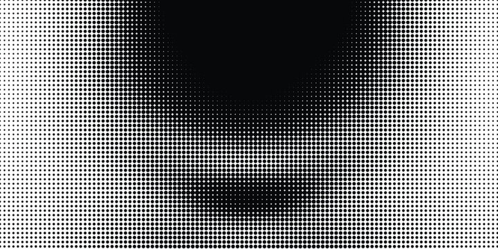 Abstract panoramic black and white halftone background with dark top shadow and gradient dot wave texture