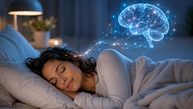 Woman sleeping bed glowing blue brain neural visualization, sleep recovery memory consolidation, cognitive restoration wellness concept, night rest neuroplasticity health.