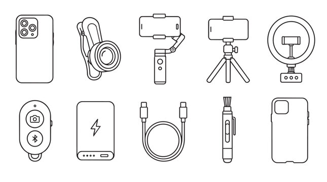Smartphone photography and vlogging accessories icon set line art