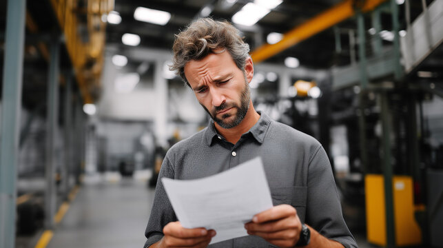 Worker reading layoff notice warehouse stressed concerned expression. Man holding paper document factory industrial workplace anxiety unemployment job loss. Business crisis downsizing concept portrait