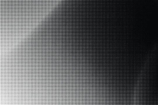 Abstract dark black and white halftone background with dramatic gradient dot texture