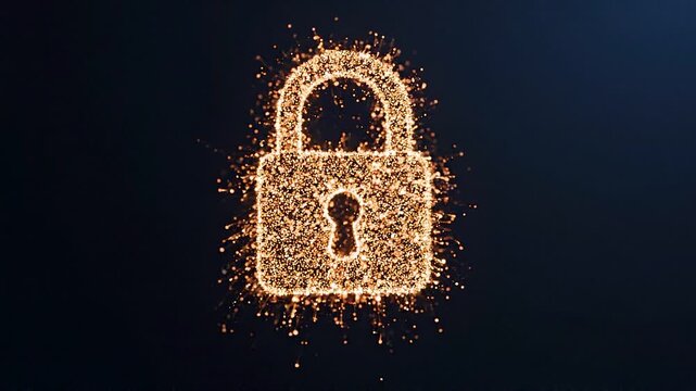 Glowing golden padlock forming from light particles on dark background