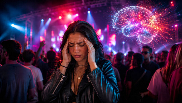 Overstimulation sensory overload concept. Young person at concert crowd with bright lights, headache stress reaction, glowing brain with intense neural signals, modern environment overwhelm.