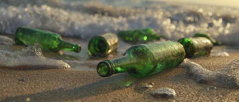 Glass bottles washed ashore by ocean waves.