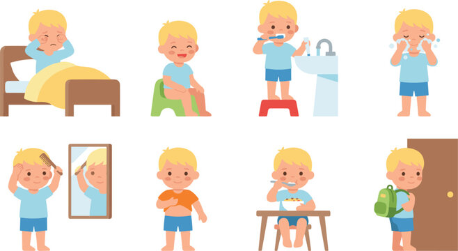 Cute Cartoon Boy Character Morning Routine Vector Set Featuring Toddler Waking Up Sitting on Potty Brushing Teeth and Getting Ready for School