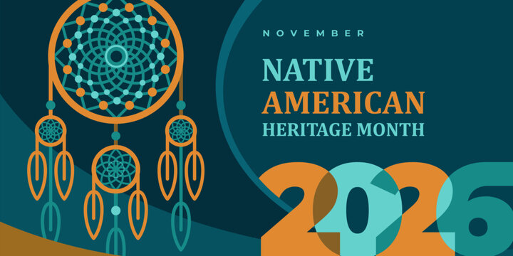 Native american heritage month 2026 greeting. Vector poster, content for social media with text Native american heritage month, november. Green  background with dreamcatcher.