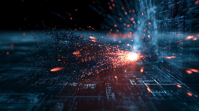 Quantum security wall intercepting cyber attacks, digital particles exploding on impact, encrypted network layers