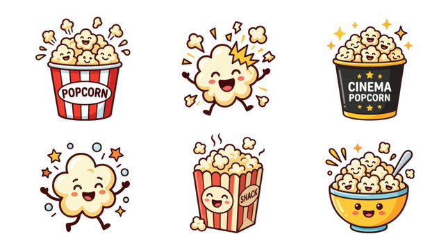 Cartoon popcorn characters and containers.