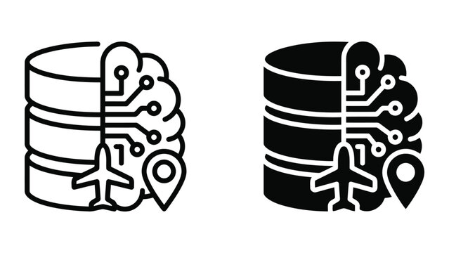 Database server with integrated circuit brain and airplane icon as data driven travel logistics vector set in outline and solid glyph styles for cloud computing and aviation management systems