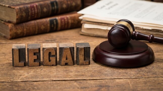 Judge&rsquo;s gavel with legal books and wooden letter blocks