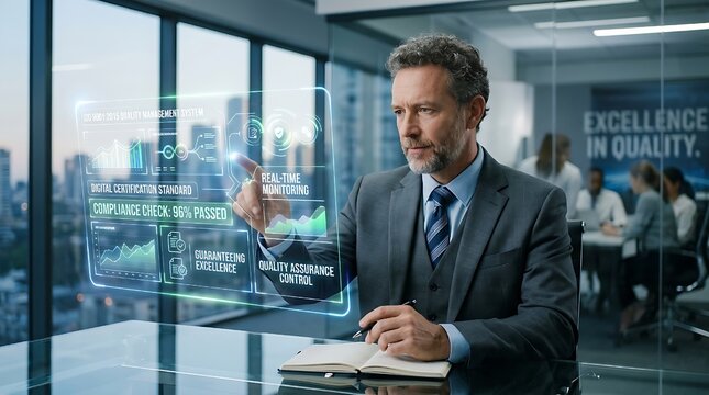 Businessman inspecting digital iso certification standard for quality assurance compliance. Virtual management control system guaranteeing excellence