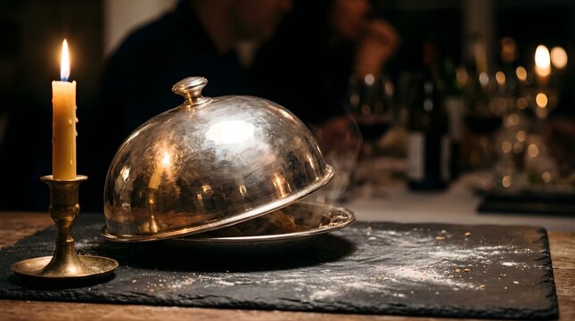 Silver serving dome with candle on a table for fine dining dinner