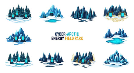 A collection of 12 stylized flatvector illustrations depicting arctic landscapes integrated with glowing blue electronic tech © Faisal