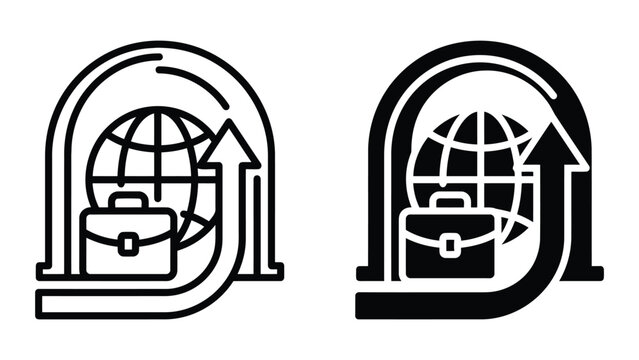Business growth travel loop icon set with globe and briefcase symbol representing cyclical corporate success and international expansion in a minimalist black and white vector art style