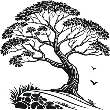 Tree Silhouette Vector - Organic Mosaic Line Art with Birds for Tattoo, Logo, Coloring Book, Wall Decor