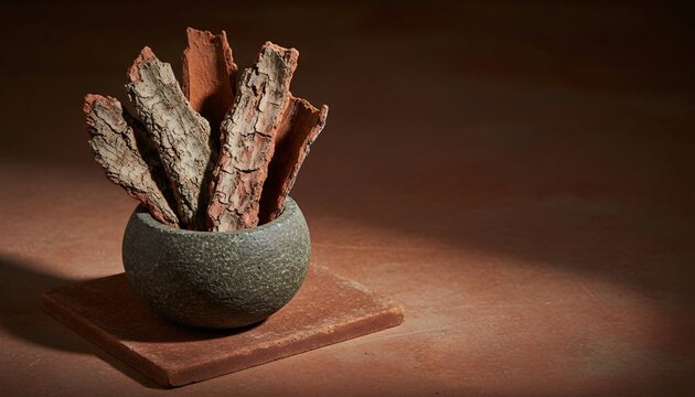 Luxury Ingredient Advertisement of Flaked Arjun Bark in Stone Pot on Clay Tile