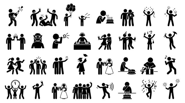 Collection of black stick figure icons showing people celebrating various events and happy social gatherings