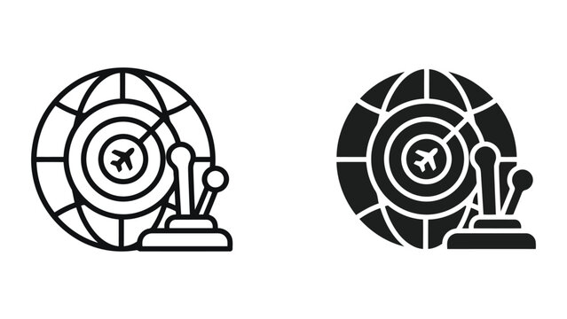 Global radar tracking icon set with airplane target and joystick controller for aviation flight management and remote logistics control services in a high quality vector graphic design