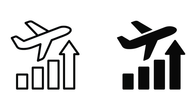 Airplane flight rising bar chart growth icons in black and white vector illustration for airline industry performance analytics and aviation business success metrics and travel data visualization