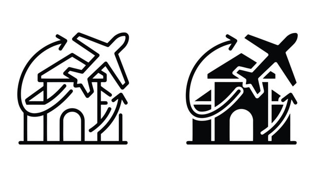 Airport terminal with airplane departure and flight path icon set representing air travel logistics and international transport infrastructure in clean flat vector illustration style