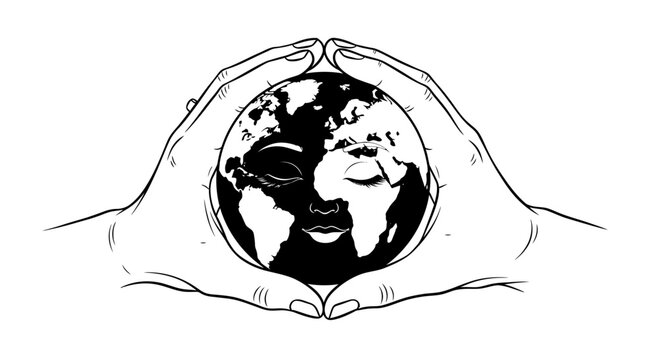 Hands Holding World Globe with Human Face Silhouette