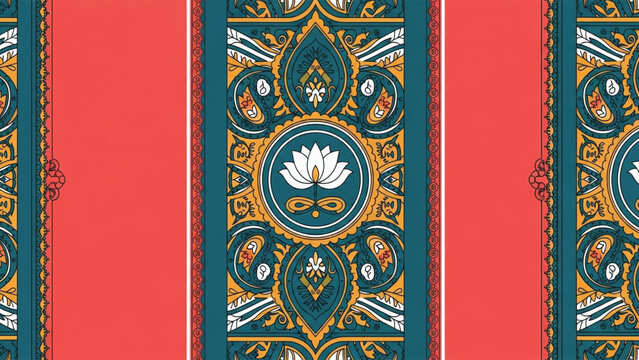 Vibrant floral pattern with intricate teal and gold designs on red background with white lotus flower.