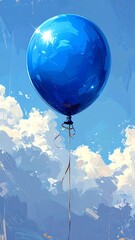 A vibrant blue balloon, reflecting sunlight, floats against a backdrop of cumulus clouds in a bright, airy sky. A sense of joy prevails