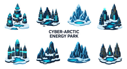 Isometric illustrations of eight stylized snowcovered arctic landscapes featuring glowing blue cybernetic structures © Faisal