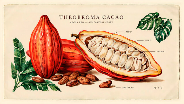 Theobroma cacao cocoa pod anatomical illustration with beans