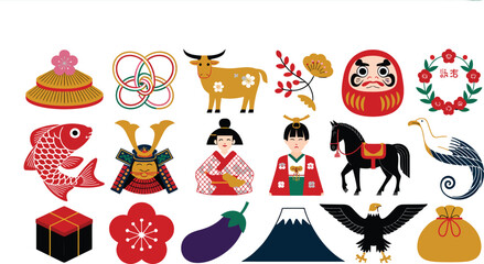Obraz premium A comprehensive collection of traditional Japanese cultural symbols, including Daruma dolls, Mount Fuji, samurai helmets, and geisha figures, showcasing rich heritage and iconic elements.