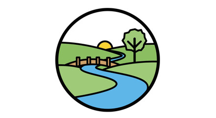 Fototapeta premium Sunset scene with a winding river flowing through a green landscape with a wooden bridge and a tree.
