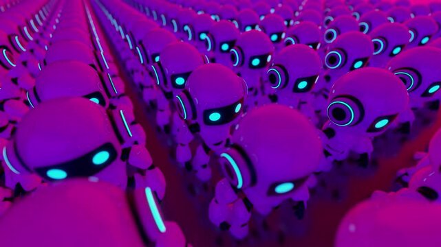 3d loop animation of a cute futuristic robot army walking together in rows. Concept of mass automation, identical artificial intelligence characters, and advanced technology workforce in a sci-fi worl