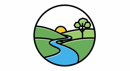 Fototapeta premium Sunset over rolling hills with a serene river flowing through
