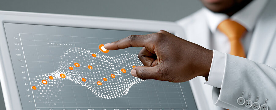 A close-up of a business professional's hand pointing to a graph on a large screen, analyzing demographic shifts and their correlation with emerging investment opportunities. The surrounding space is