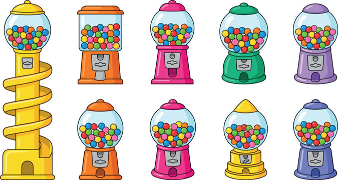 Retro Gumball Machine Vector Illustration Set featuring Colorful Bubblegum Vending Dispensers and Spiral Track Chute for Candy Shop Designs