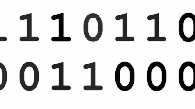 Stream of black binary digits moving across a clean white background, creating a modern and minimal digital concept.